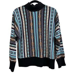 VNTG DRESSBARN BOHO TRIBAL BATWING MOCK NECK MULTI-COLOR KNIT PULLOVER SWEATER L